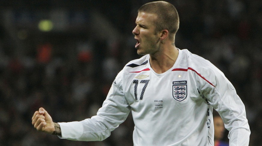 England's David Beckham reacts during the Euro 2008 group E qualifying soccer match between England and Croatia at Wembley Stadium in London, in this Nov. 21, 2007 photo. Beckham was recalled by Engla ...