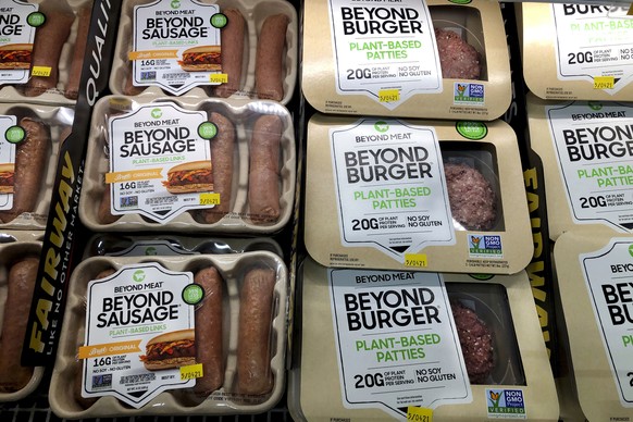 FILE - Packages of Beyond Meat&#039;s Beyond Burgers and Beyond Sausage, are shown in this photo, in New York, on April 29, 2021. Beyond Meat reports their financial earnings on Thursday, Feb. 23, 202 ...