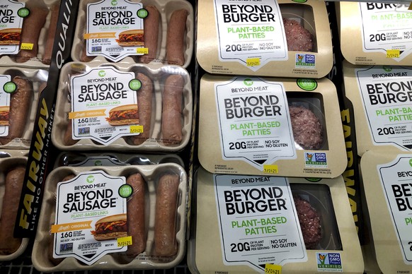 FILE - Packages of Beyond Meat&#039;s Beyond Burgers and Beyond Sausage, are shown in this photo, in New York, on April 29, 2021. Beyond Meat reports their financial earnings on Thursday, Feb. 23, 202 ...