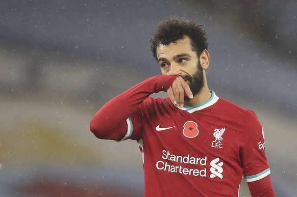 epa08808533 Mohamed Salah of Liverpool reacts during the English Premier League soccer match between Manchester City and Liverpool FC in Manchester, Britain, 08 November 2020. EPA/Martin Rickett / POO ...