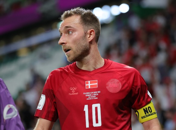 epa10320687 The captain&#039;s armband of Christian Eriksen of Denmark during the FIFA World Cup 2022 group D soccer match between Denmark and Tunisia at Education City Stadium in Doha, Qatar, 22 Nove ...