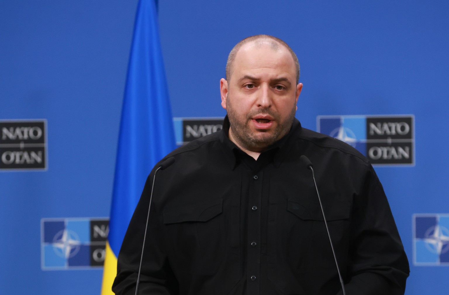 epa12024651 Ukrainian Defense Minister Rustem Umerov speaks during a press conference at the end of Ukraine Defence Contact Group meeting at NATO Headquarters in Brussels, Belgium, 11 April 2025. EPA/ ...
