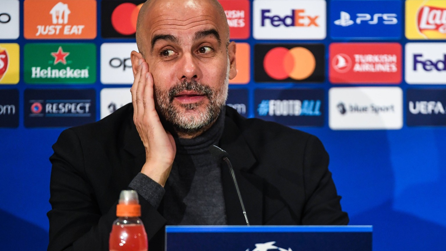 BERN, SWITZERLAND - OCTOBER 25: head coach Josep Guardiola of Man City at press conference, PK, Pressekonferenz during the UEFA Champions League Group Stage match between BSC Young Boys and Manchester ...