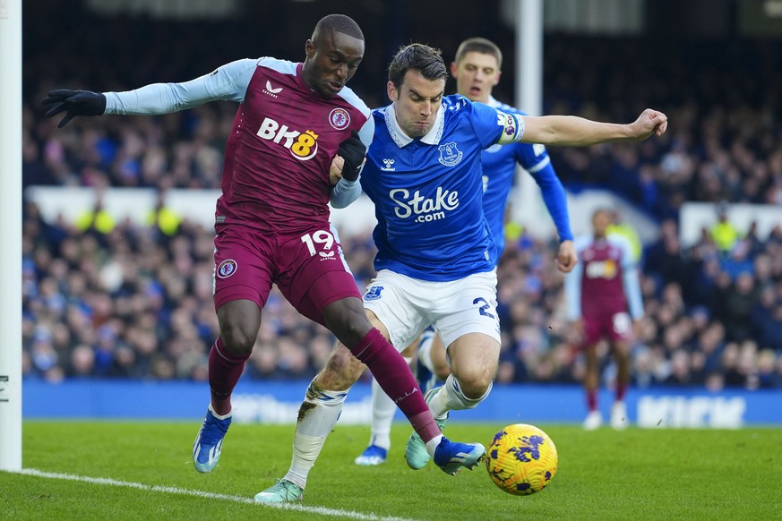 Aston Villa&#039;s Moussa Diaby, left, duels for the ball with Everton&#039;s Seamus Coleman during the English Premier League soccer match between Everton and Aston Villa, at Goodison Park stadium in ...