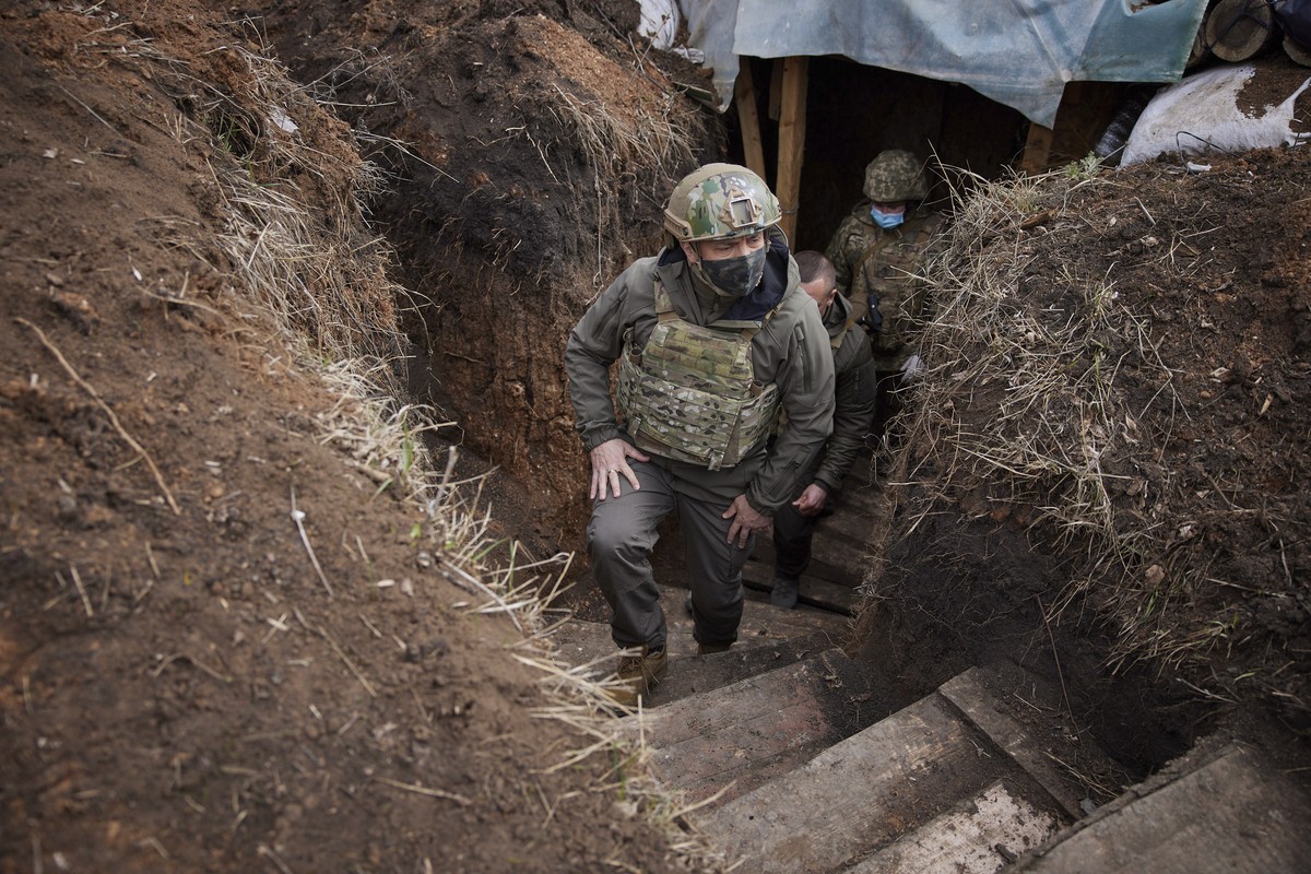 Ukrainian President Volodymyr Zelenskyy visits the war-hit Donbas region, eastern Ukraine, Thursday, April 8, 2021. Ukraine's president is visiting the area of conflict in his country's east ...
