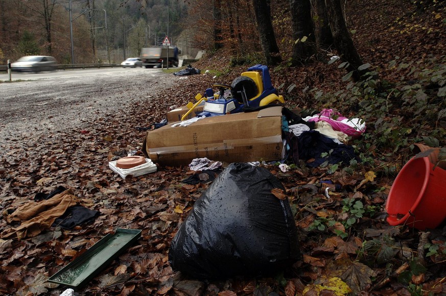 Illegal entsorgter Abfall, bestehend aus alten Kleidern und Kinderspielzeug sowie anderem Muell, liegt neben der Sihltalstrasse bei Sihlbrugg, aufgenommen am Mittwoch, 22. November 2006. 
(KEYSTONE/Al ...