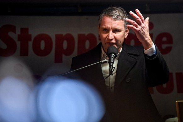 epa08224508 Alternative for Germany (AfD) faction chairman in the regional parliament of Thuringia, Bjoern Hoecke speaks during the rally of the far-right, anti-Islam PEGIDA (Patriotic Europeans Again ...