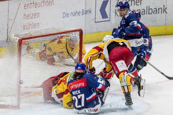 Das vermeintliche Tor durch Zuerichs Roman Wick, unten, gegen Langnau Goalie Ivars Punnenovs wird nach dem Videobeweis aberkannt, waehrend dem Eishockey-Meisterschaftsspiel der National League zwische ...