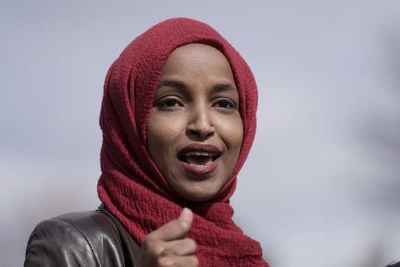Congresswoman Ilhan Omar, D-Minn., speaks Tuesday, April 20, 2021, in Brooklyn Center, Minn., during a news conference at the site of the fatal shooting of Daunte Wright by a police officer during a t ...