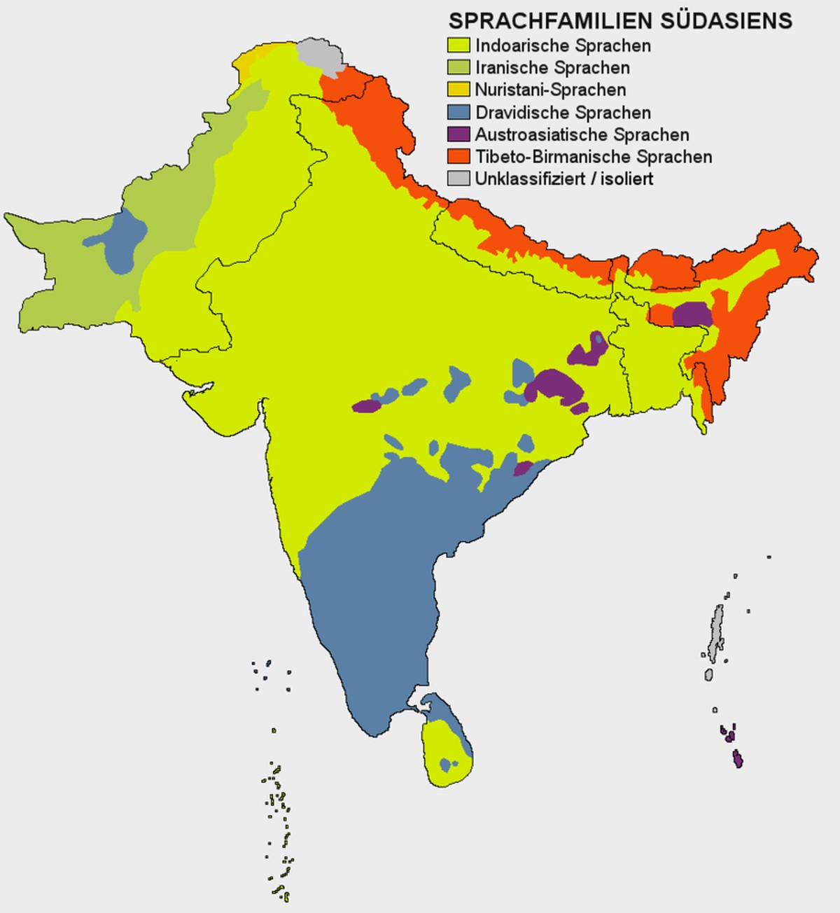 Die indoarischen Sprachen im Kontext der Sprachfamilien Südasiens.
https://commons.wikimedia.org/w/index.php?curid=1790155