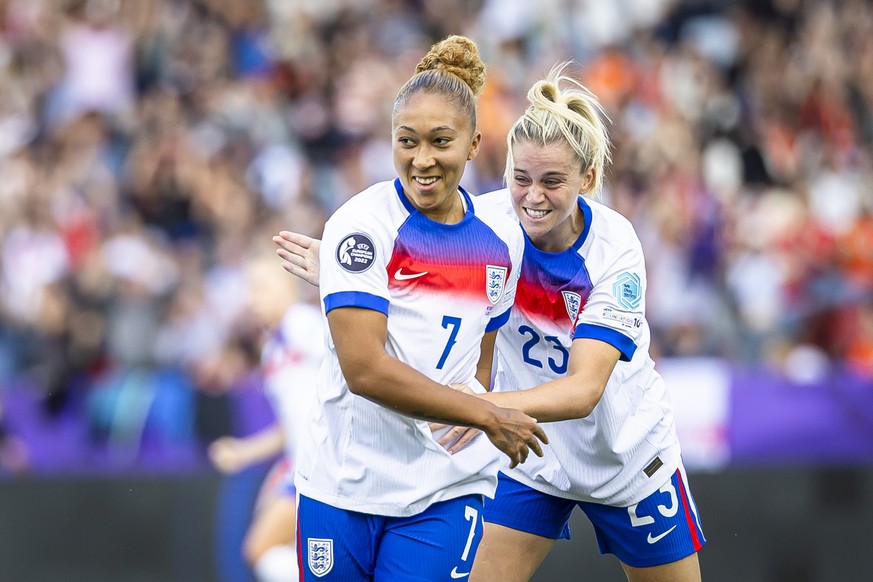 England&#039;s Lauren James, left, celebrates with England&#039;s Alessia Russo after scoring the 1:0 goal during the UEFA Women&#039;s EURO 2025 Group D soccer match between England and the Netherlan ...