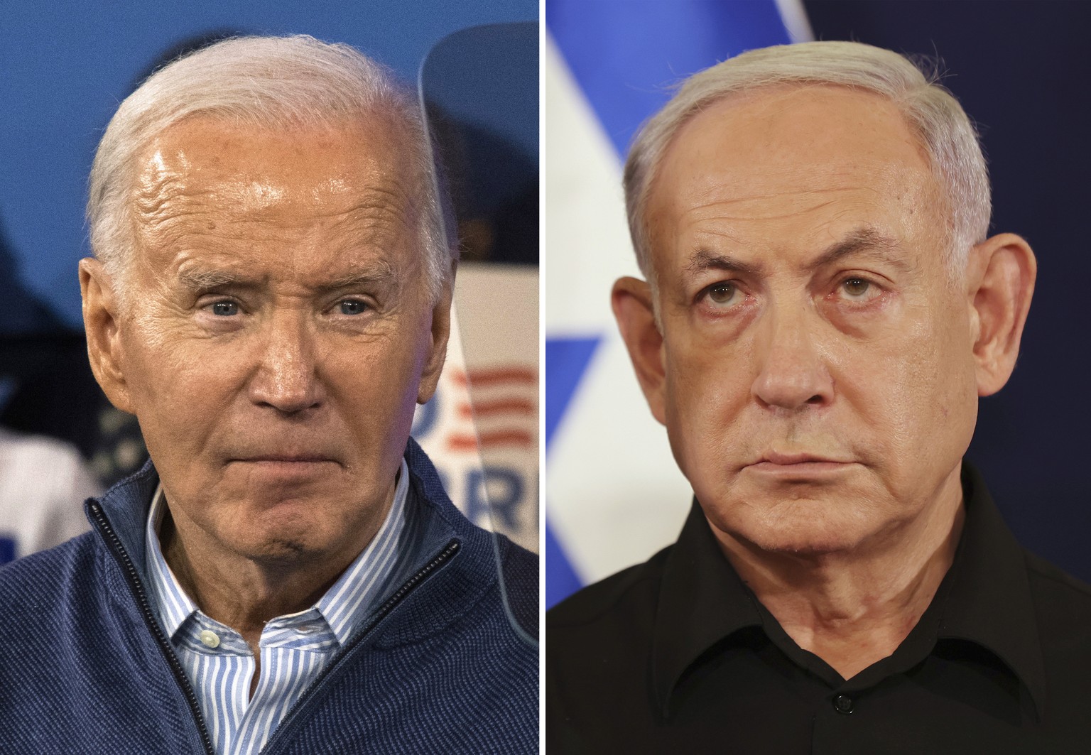 This combination photo shows President Joe Biden, left, on March 8, 2024, in Wallingford, Pa., and Israeli Prime Minister Benjamin Netanyahu in Tel Aviv, Israel, Oct. 28, 2023. Biden and Netanyahu spo ...