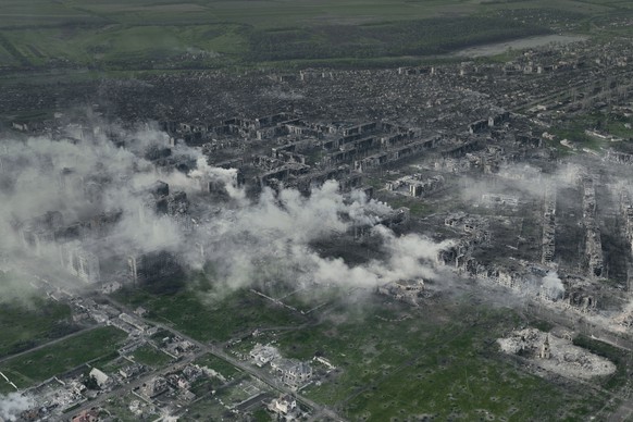 An aerial view of Bakhmut, the site of the heaviest battles with the Russian troops in the Donetsk region, Ukraine, Thursday, June 22, 2023. (AP Photo/Libkos)