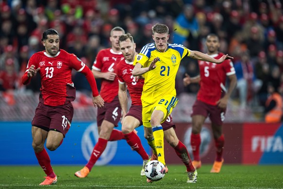 251115 Ricardo Rodriguez and Silvan Widmer of Switzerland against Alexander Bernhardsson of Sweden during the FIFA World Cup, WM, Weltmeisterschaft, Fussball Qualifier football match between Switzerla ...