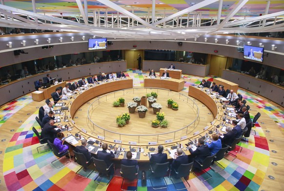 European Union leaders attend a round table meeting at an EU summit in Brussels, Friday, June 21, 2019. EU leaders conclude a two-day summit on Friday in which they will discuss the euro-area. (Stepha ...