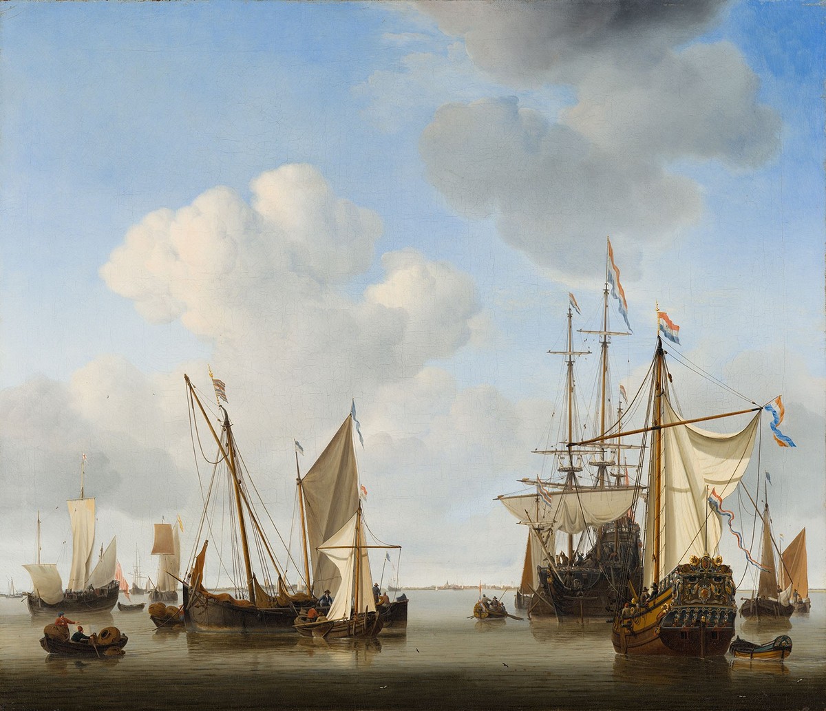 Holländische Handelsschiffe vor Anker, Willem van de Velde der Jüngere, 1658.
https://www.mauritshuis.nl/en/our-collection/artworks/200-ships-in-the-roads/