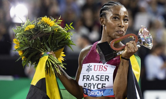 Shelly-Ann Fraser-Pryce of Jamaica celebrates after winning the 100m Women during the Weltklasse IAAF Diamond League international athletics meeting at the Letzigrund stadium in Zurich, Switzerland, T ...