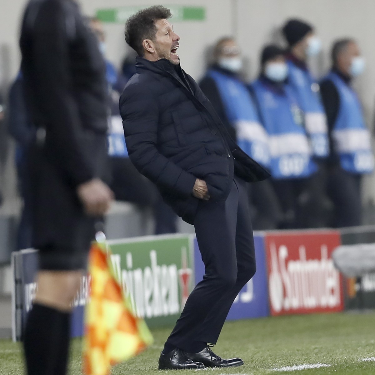 epa09032503 Atletico's head coach Diego Simeone reacts during the UEFA Champions League round of 16, first leg soccer match between Atletico Madrid and Chelsea FC in Bucharest, Romania, 23 Februa ...
