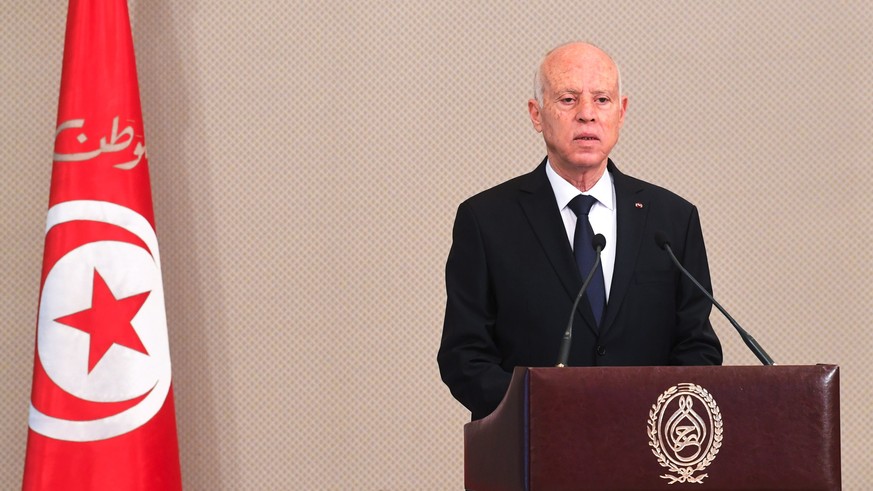 epa08642248 A handout photo made available by Tunisian Presidency press service shows Tunisia&#039;s President Kais Saied speaking during the new government swearing-in ceremony at Carthage Palace in  ...