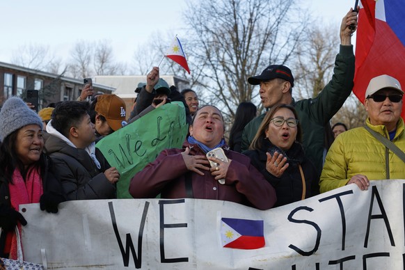 Supporters of former Philippine President Rodrigo Duterte demonstrate outside the International Criminal Court detention center near The Hague in Scheveningen, Netherlands, Wednesday, March 12, 2025.  ...