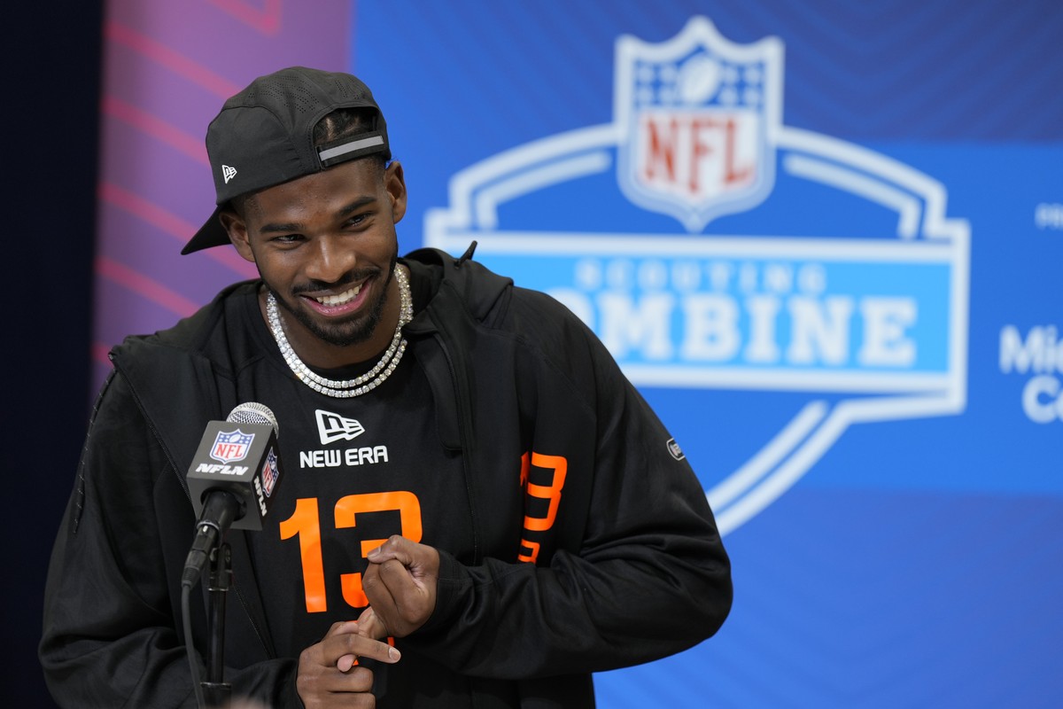 Colorado quarterback Shedeur Sanders speaks during a press conference at the NFL football scouting combine Friday, Feb. 28, 2025, in Indianapolis. (AP Photo/George Walker IV)
NFL Combine Football