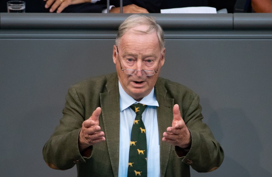 epa07014225 Co-leader of the Alternative for Germany party (AfD) Alexander Gauland speaks during a session of the German parliament &#039;Bundestag&#039; in Berlin, Germany, 12 September 2018. Members ...