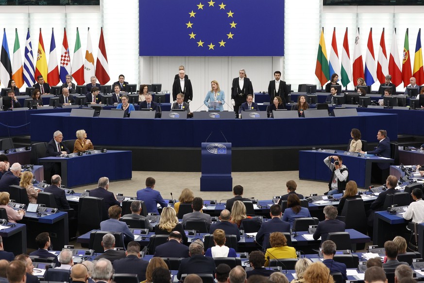 epa10579800 European Parliament President Roberta Metsola (C) gives a statement on the 80th anniversary of the Uprising in the Warsaw Ghetto, at the European Parliament in Strasbourg, France, 19 April ...