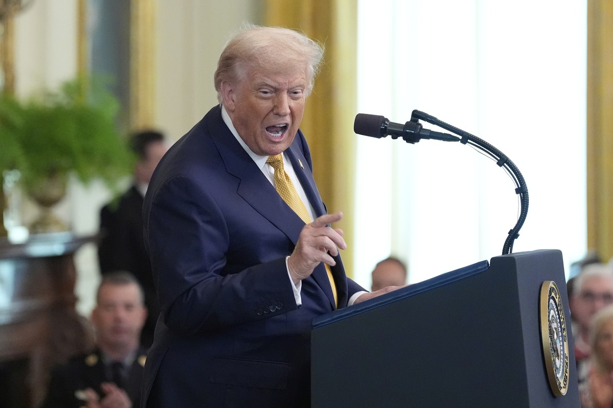 President Donald Trump speaks during a ceremony to sign the "Halt All Lethal Trafficking of Fentanyl Act," in the East Room of the White House, Wednesday, July 16, 2025, in Washington. (AP P ...