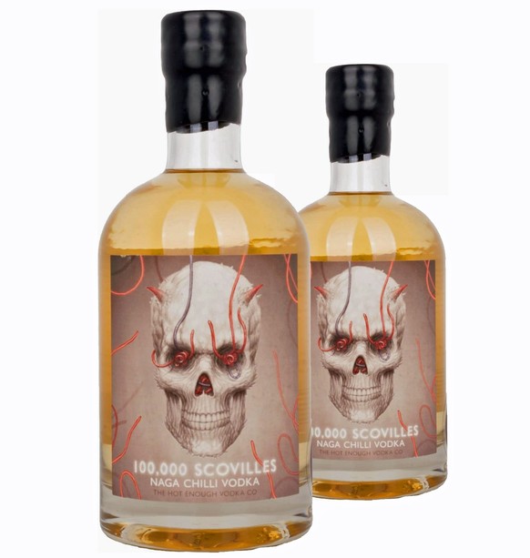 100,000 Scovilles Vodka naga chili vodka from Hot Enough Vodka Co.  drink chili spicy food food alcohol cocktails https://www.amazon.co.uk/Hot-Enough-Vodka-Co-Scovilles/dp/B00G2UOV16