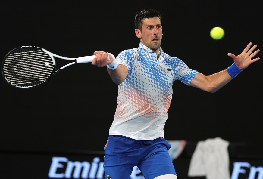 epa10433203 Novak Djokovic of Serbia in action against Tommy Paul of the USA during their semi final match at the Australian Open tennis tournament in Melbourne, Australia, 27 January 2023. EPA/FAZRY  ...