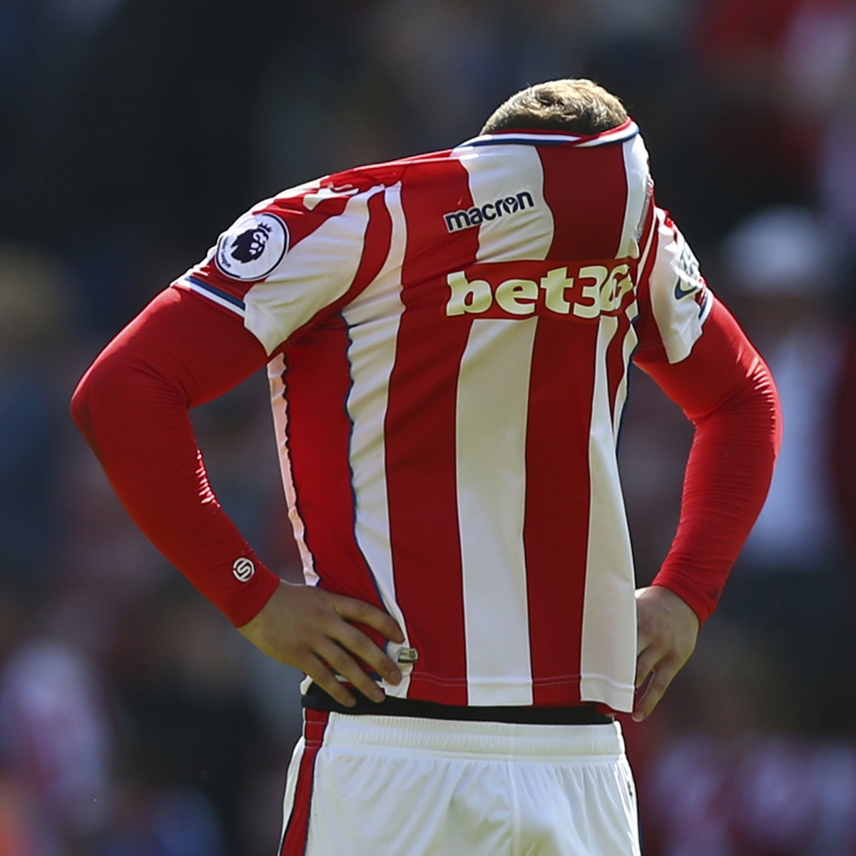 Stoke City's Xherdan Shaqiri reacts after Stoke City are relegated, following the English Premier League soccer match between Stoke City and Crystal Palace, at the bet365 Stadium, in Stoke, Engla ...