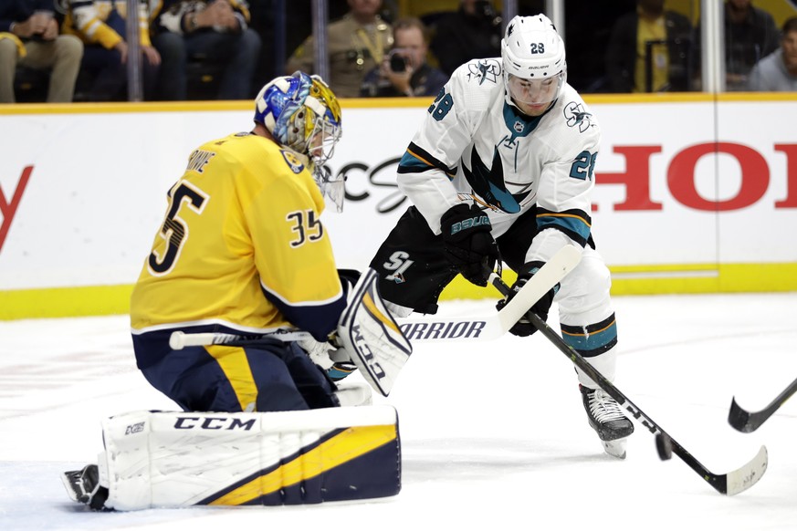 San Jose Sharks right wing Timo Meier (28), of Switzerland, reaches for a rebound in front of Nashville Predators goaltender Pekka Rinne (35), of Finland, during the first period of an NHL hockey game ...