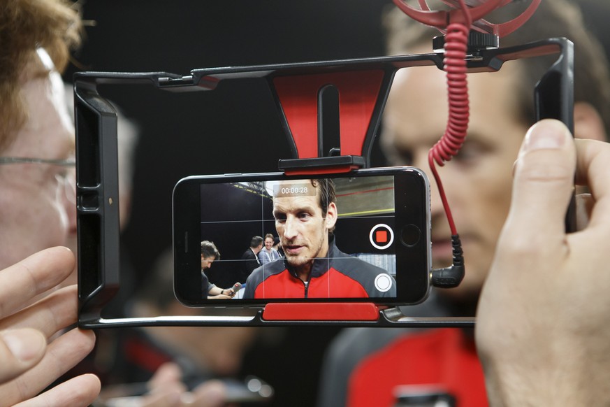 Patrick Fischer, head coach of Switzerland national ice hockey team, speaks to the media, during a Swiss team training optional session of the IIHF 2018 World Championship, at the Royal Arena, in Cope ...