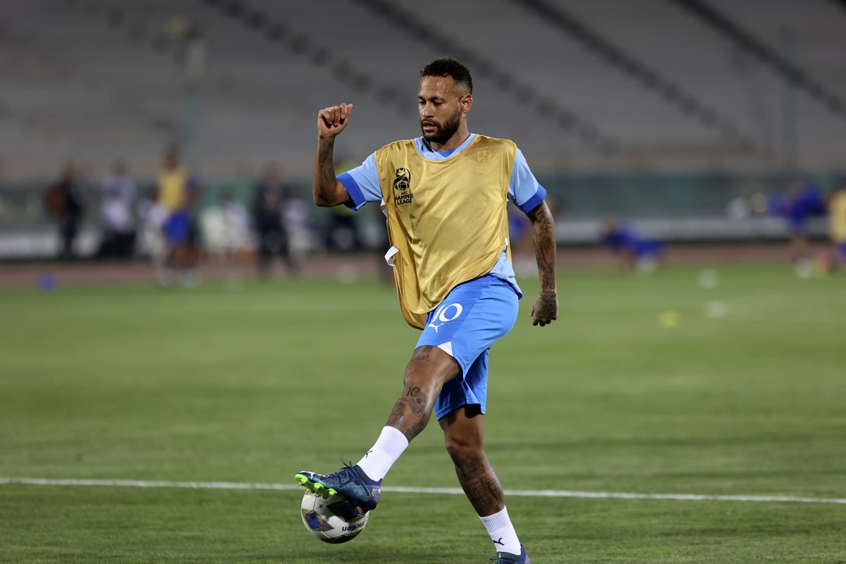 FILE - Al Hilal's Neymar shoots the ball during warm up for the AFC Champions League soccer match against Iran's Nassaji at the Azadi Stadium in Tehran, Iran, Oct. 3, 2023. (AP Photo, File)
 ...