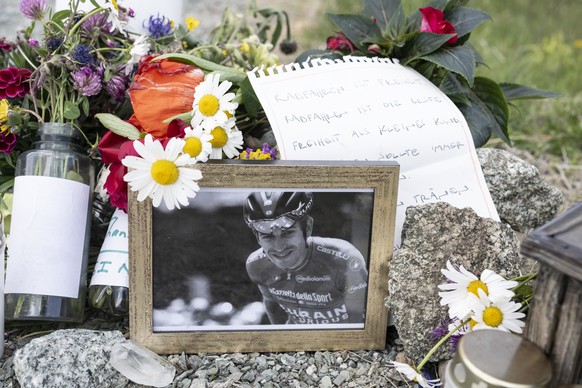 epa10698638 Memorial at the accident site of Gino Maeder, on Albulapass, Switzerland, 18 June 2023. Gino Maeder from Switzerland of Team Bahrain Victorious fatally crashed during descent from the Albu ...