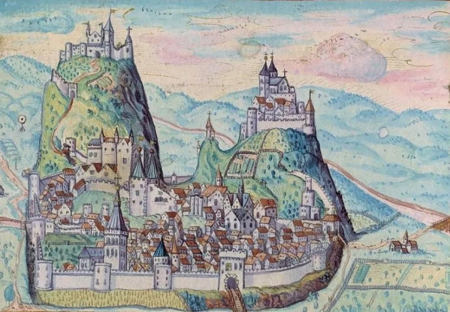 Sitten um 1597. Miniatur aus der von Chronik von Andreas Ryff. Links das Schloss Tourbillon, rechts Château de la Majorie, von wo aus Schiner als Fürstbischof von Sitten regierte.