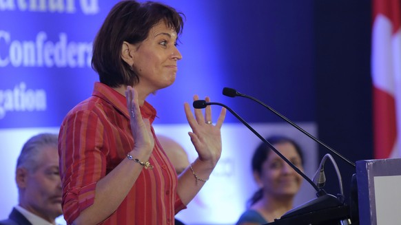 Swiss President Doris Leuthard speaks during a conference with Indian and Swiss business delegation in New Delhi, India, Friday, Sept. 1, 2017. Doris is on a three-day state visit to India. (AP Photo/ ...