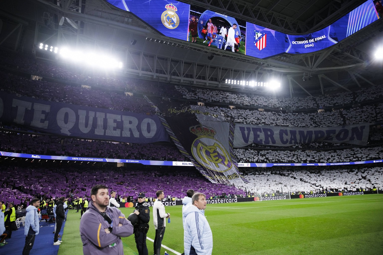 MADRID, SPAIN - March 4: General view of Real Madrid fans during the UEFA champions league 2024/25 Round of 16 First Leg match between Real Madrid and Atletico de Madrid at Santiago Bernabeu Stadium.  ...