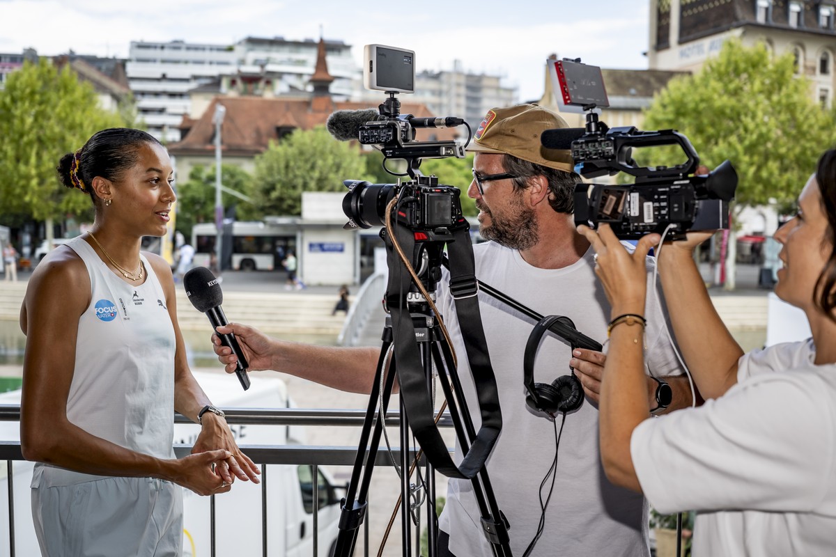 Audrey Werro of Switzerland speaks with journalists during a press conference ahead of his participation at the Athletissima athletics Diamond League meeting, in Lausanne in Lausanne, Switzerland, Thu ...