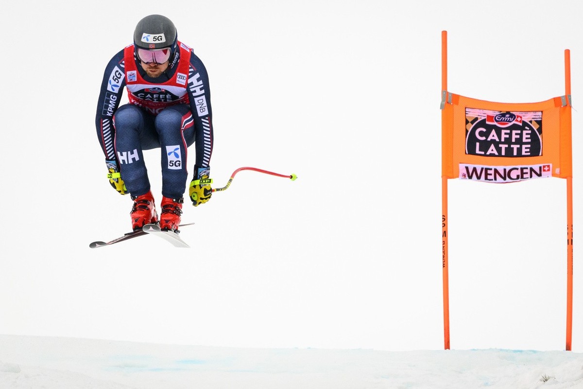Aleksander Aamodt Kilde of Norway in action during the men's downhill race at the Alpine Skiing FIS Ski World Cup in Wengen, Switzerland, Saturday, January 14, 2023. (KEYSTONE/Jean-Christophe Bot ...
