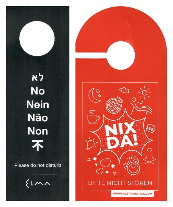 Elma Arts Complex Luxury Hotel. Zichron Ya'akov. Israel (l.) 
Aletto Hotels. Germany (r.)

"Do Not Disturb” signs from hotels around the world, painstakingly put together by collector Eduard ...