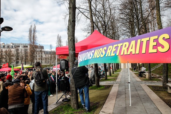 epa10532372 Dozens of people participate in a rally organized by NUPES (coalition of left-wing political parties) with the slogan &#039;Save Our Pensions&#039; against the government&#039;s pension re ...