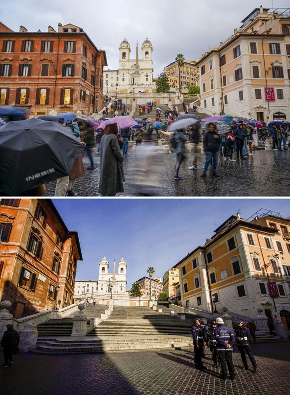 FILE - This combo of two images shows Rome&#039;s Spanish Steps at 4.03 pm on Thursday, Nov. 14, 2019, top, and at 5.36 pm on Tuesday, March 10, 2020. Italy&#039;s grave outbreak of coronavirus has em ...