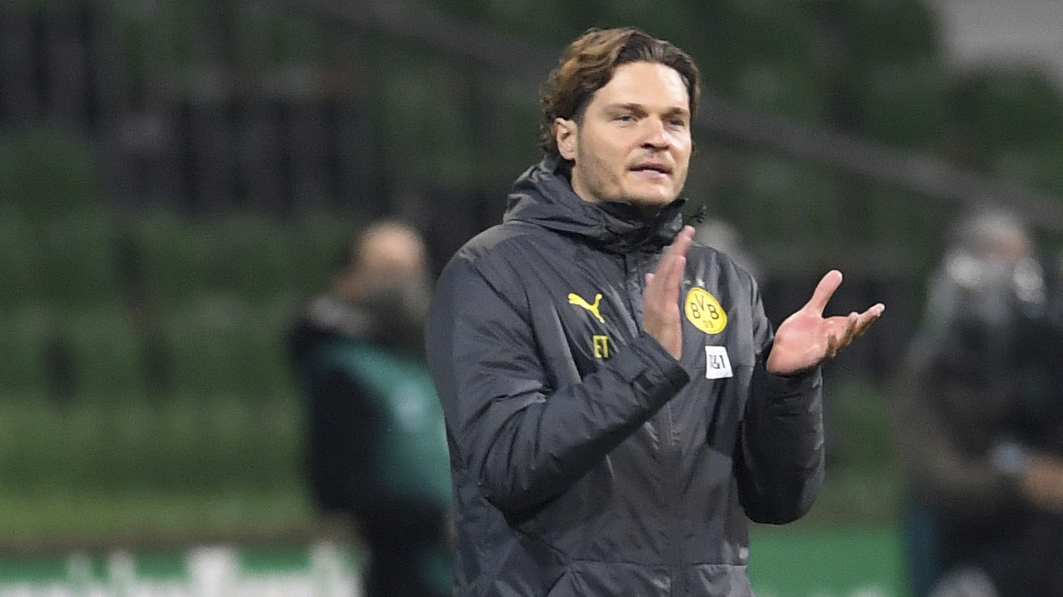 Dortmund&#039;s new coach Edin Terzic on the touchline during the German Bundesliga soccer match between SV Werder Bremen and Borussia Dortmund at Weserstadion in Bremen, Germany, Tuesday, Dec. 15, 20 ...