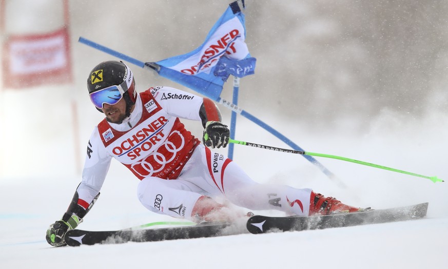 Austria&#039;s Marcel Hirscher speeds down the course during the first run of an alpine ski, men&#039;s World Cup giant slalom, in Val D&#039;Isere, France, Saturday, Dec. 9, 2017. (AP Photo/Alessandr ...