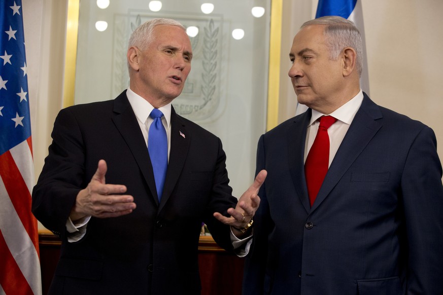 U.S. Vice President Mike Pence meets with Israel&#039;s Prime Minister Benjamin Netanyahu in Jerusalem, Monday, Jan. 22, 2018. (AP Photo/Ariel Schalit, Pool)