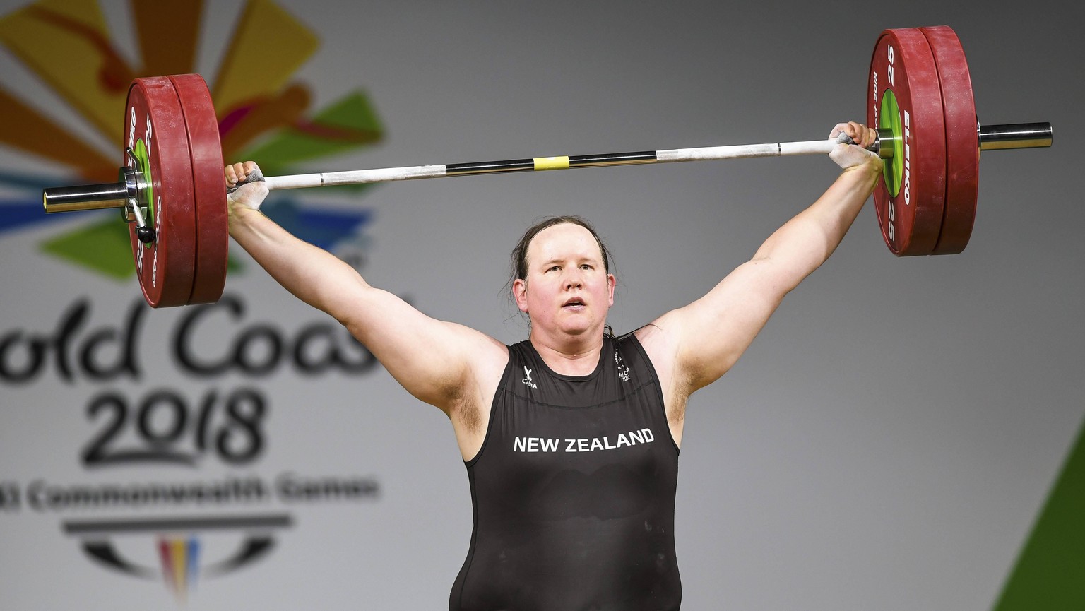 9th April 2018, Carrara Sports Arena, Gold Coast, Australia; Commonwealth Games day 5; Laurel Hubbard of New Zealand competes during the Women s +90 weight lifting final PUBLICATIONxINxGERxSUIxAUTxHUN ...