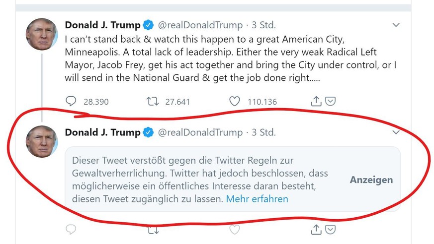 Da «möglicherweise ein öffentliches Interesse daran besteht», wie Twitter schreibt, kann man den Tweet nach einem Klick trotzdem lesen. Der Tweet wurde also nicht gelöscht.