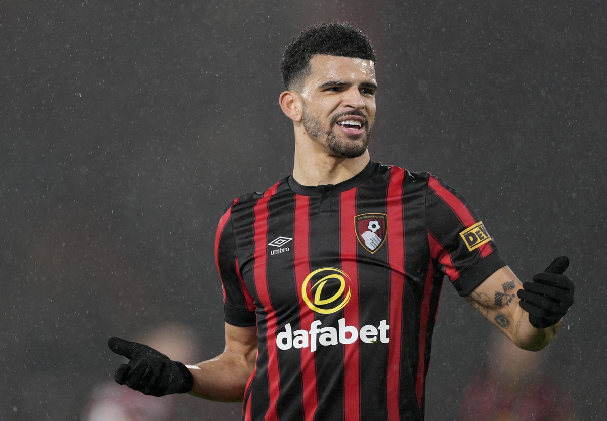 FILE - Bournemouth's Dominic Solanke reacts to a decision during the English Premier League soccer match between Bournemouth and Crystal Palace, at The Vitality Stadium in Bournemouth, England, o ...