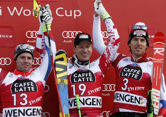 Das Podest in Wengen: Beat Feuz, Hannes Reichelt, Carlo Janka (von links). In Kitzbühel wollen die Schweizer zurückschlagen.